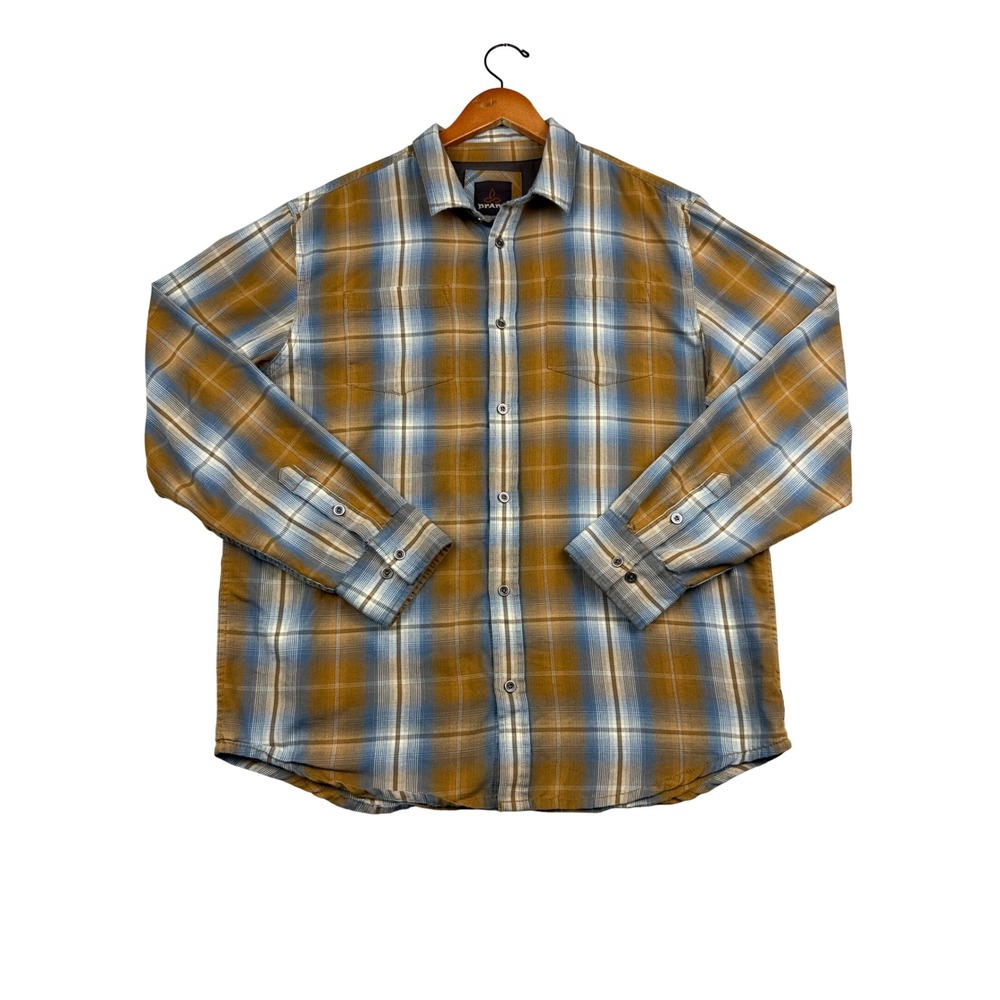 Prana Flannel Shirt Mens L Orange Plaid Button Down Long Sleeve Organic Cotton